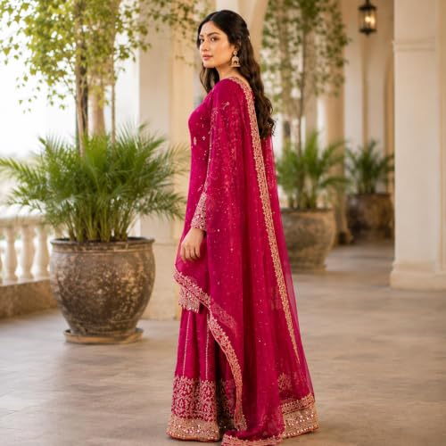 Image of Women's Ethnic Plazzo Suit Set with Kurta & Dupatta | Fendy Fabric Embroidered Kurta Set | Round Neck 3 /4 Sleeve Dress | Elegant Outfit