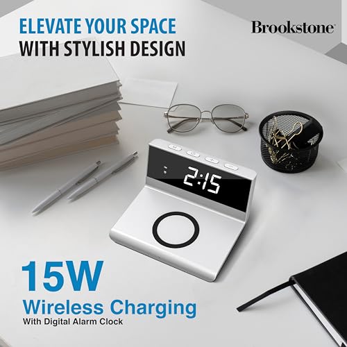 Brookstone Desk LED Alarm Clock 15W Wireless Charger for iPhone 15 Pro Max/14/13/12, Samsung S23/S22/S21 and AirPods | Wireless Charger Clock | Phone Charger Clock