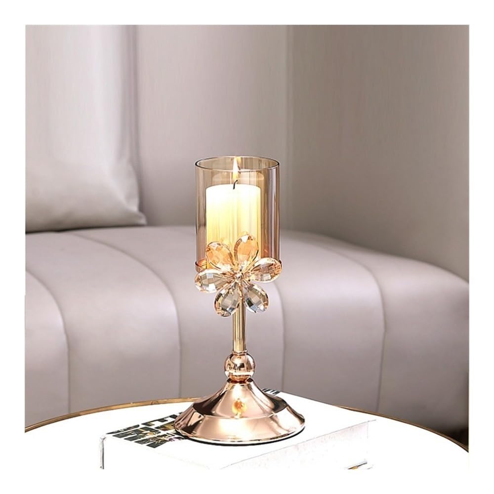 Candlestick Holder Light Luxury Crystal Petal Glass Candlestick Retro Table Decoration Ornaments Candle Holder(Amber,Medium)