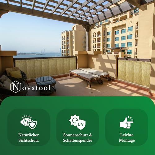Novatool Balkon Sichtschutzmatte Flexibles Design für Gartenzaun und Terrasse 115x600 cm Schilf Schutz vor Blicken Einfache Montage Wind- und wetterfest Stilvolle Dekoration und Privatsphäre