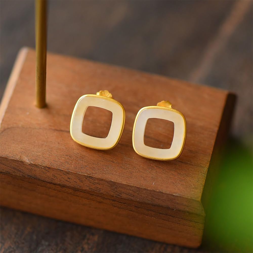 S925 Silver And Gold Plated With Natural White Jade Square Earrings 4 for Women Yoga Genuine