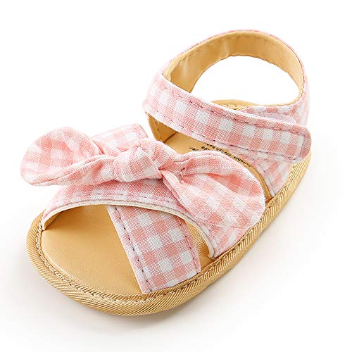 SOFMUO Infant Baby Girls Sandals with Bowknot Soft Sole Newborn Summer Crib Shoe Toddler First Walker Princess Dress Shoes(Pink,6-12 Months)