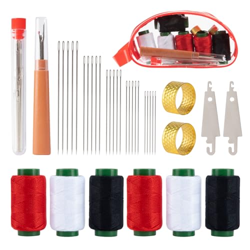 37 Pcs Big Eye Steel Sewing Needles Kit - Stainless Steel Needles for Hand Sewing Kit with Thread Ripper Needle Threaders Threads and Thimbles