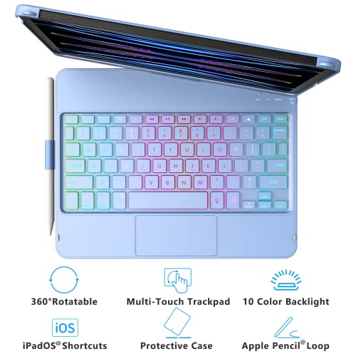 iPad Pro 11 inch Case with Keyboard, iPad Air 5/Air 4 10.9 inch Keyboard Case with Trackpad, Keyboard Case for iPad Air 5/Air 4 and iPad Pro 1-4 Gen, Backlit 10 Color & 360 Screen Rotation -Ocean Blue - Image 7