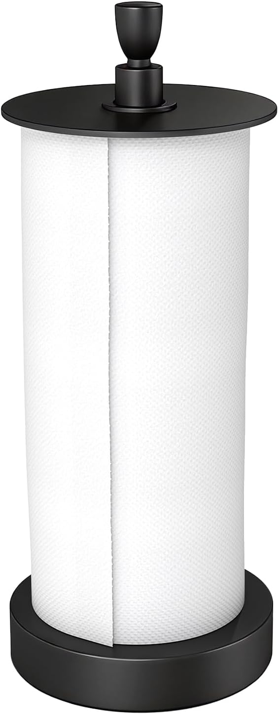 YUMORE Paper Towel Holder Countertop, Weighted Base Non Slip, One-Handed Tear No Tipping, Standing Paper Towel Roll Holder for Kitchen Stove Side, Small Space Corner, Stainless Steel (Matte Black)
