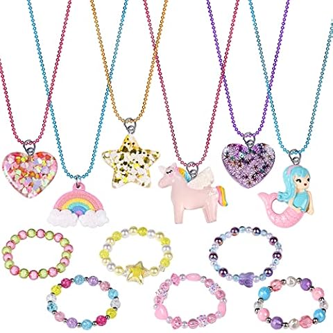 Tacobear 12pcs Kids Jewellery Set with Mermaid Star Heart Rainbow Unicorn Necklace Colorful Crystal Bracelets Princess Dress Up Jewellery Gifts Party Bag Fillers for Girls Cover