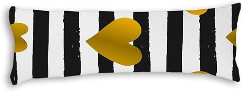 Fundas de almohada de algodón con diseño de corazón dorado y rayas blancas y negras rectangulares de 20 x 54 pulgadas para cama, fundas de almohada