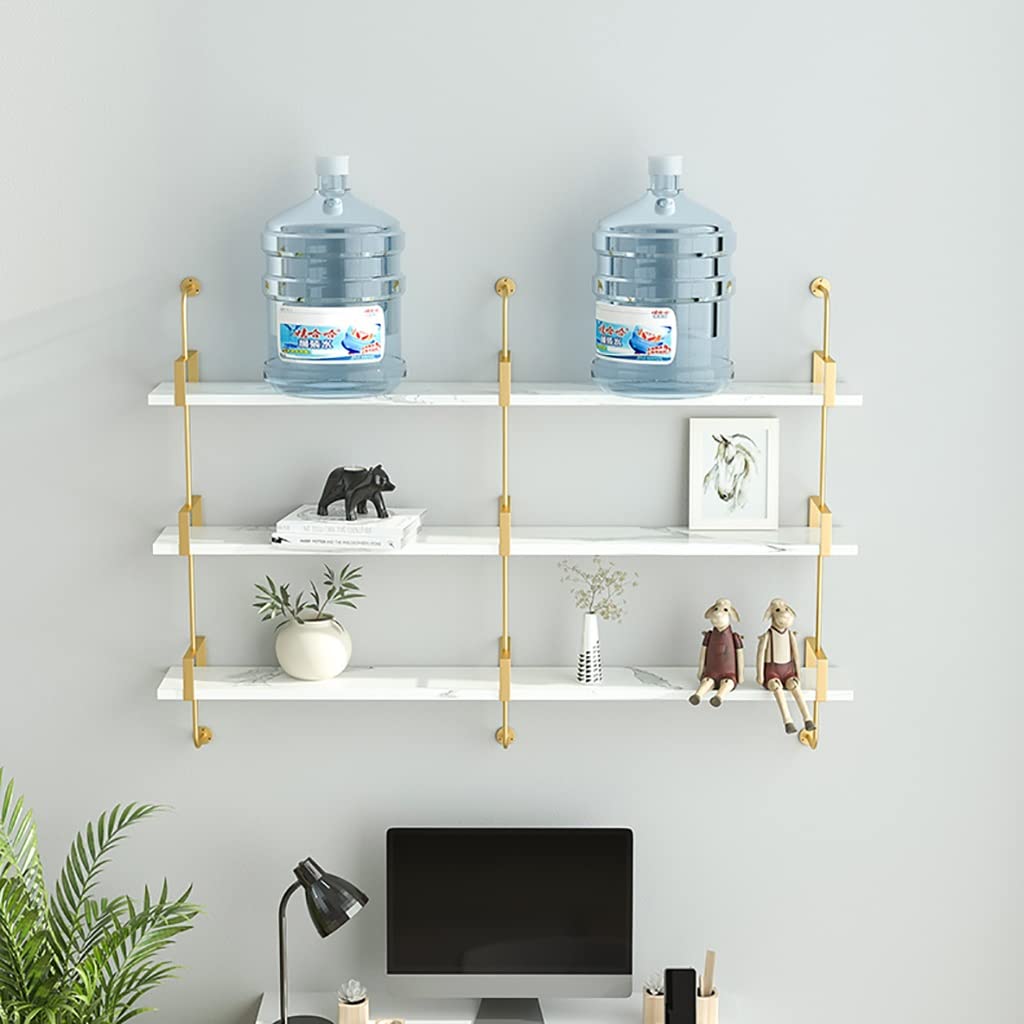 Mensola da parete in stile scandinavo con strato in legno massello che imita la trama del marmo e staffa in ferro dorato, libreria da parete e scaffale decorativo per casa e ufficio (3 ripiani, 80 cm)