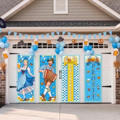 Image of Panelee 4 Pcs Oktoberfest Party Decorations Oktoberfest Prosit Couple Porch Banners Bavarian Hanging Banner Backdrop for German Theme Beer Festival Indoor Outdoor Wall Hanging Decor