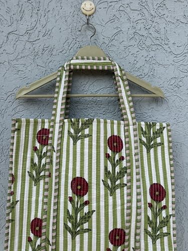 Image of Quilted Cotton Handprinted Reversible Large multicolor Floral Tote Bag,Hand Block Print Shopping Shoulder Carry Bag