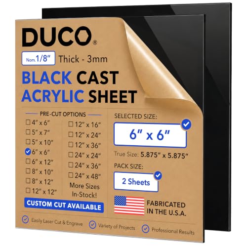Duco 1/8" Black Cast Acrylic Sheets, 6"x6" Plexiglass Sheets, 2 Pack