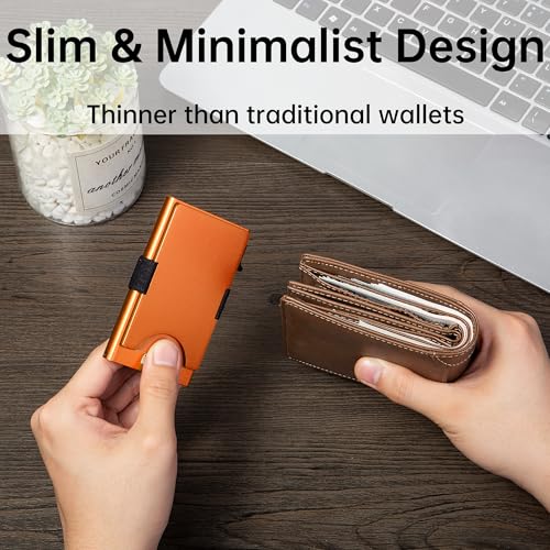 Image of Slim Card Holder Wallet for Men, Minimalist RFID Blocking Pop Up Wallet, Smart Metal Business Card Case Holds 12 Cards, Ultra-Thin Front Pocket Wallet, Gifts for Men