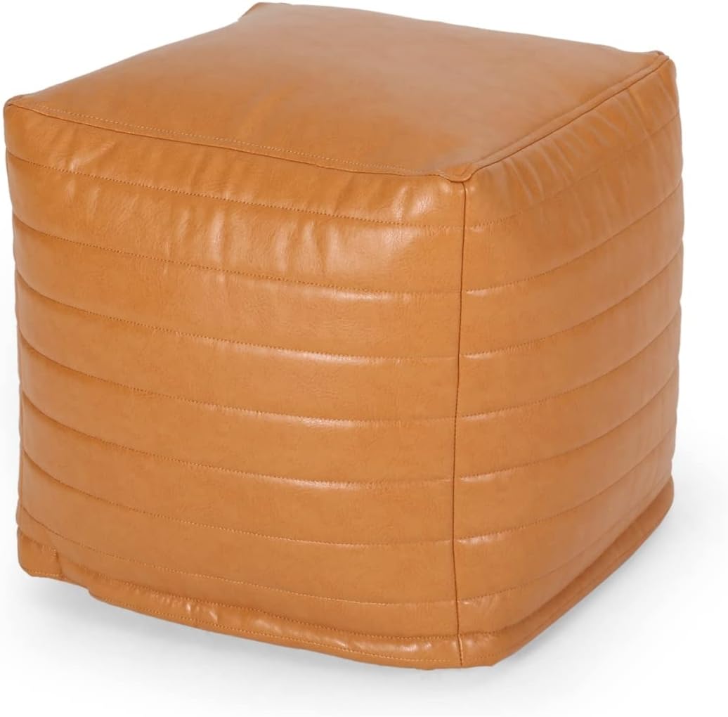 Christopher Knight Home Baddow Channel Stitch Cube Pouf - Faux Leather - Caramel