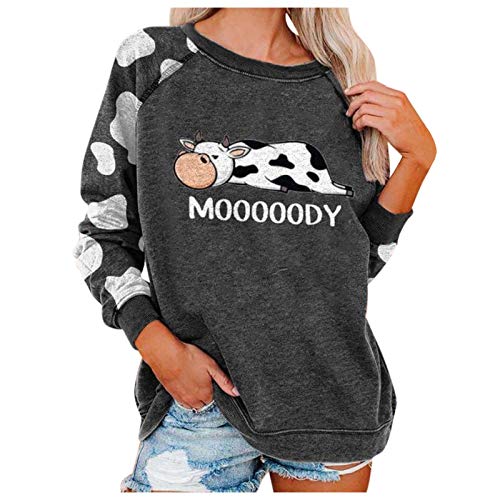 Women's Moody Cow Raglan Tops Cute Cow Moody Long Sleeve Cow Color Block on Arms Shirt for Cow Lovers Gifts