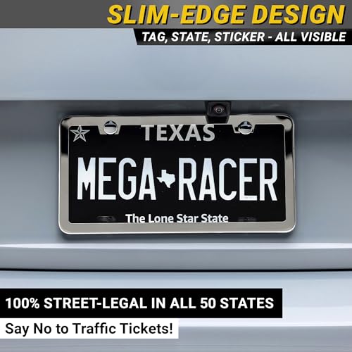Image of Premium Slim Mirror Chrome License Plate Frames - 2 Pack, Rust-Free Stainless Steel, Rattle-Free, Street Legal Universal with Screw Caps, Thin Silver Metal Front & Rear Car Tag Holder, For Men & Women