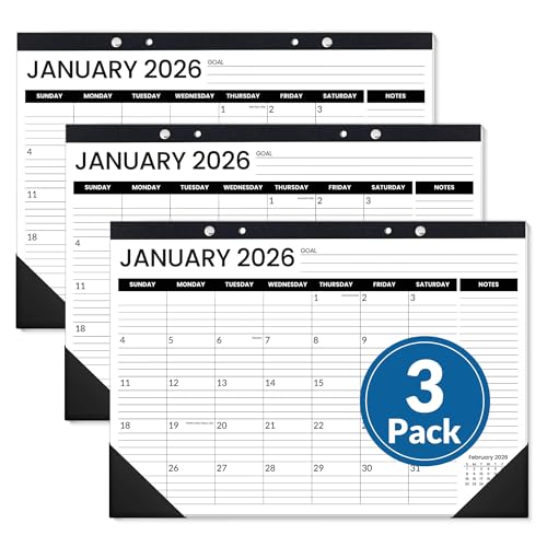 Image of SUNEE Desk Calendar 2026 3 Packs - 18 Month Calendar Oct 2025 - Mar 2027, 17 inch x 12 inch Desktop Calendar with Notes, for Planning, Organizing in Family, School or Office - Black 2026 Calendar