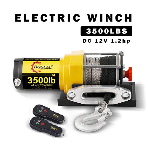 RUGCEL WINCH 12V Electric Winch 3500lb Load Capacity Waterproof ATV/UTV Winch Kit with Synthetic Rope, 1 Hawse Fairlead, 2 Wireless Remote Controllers