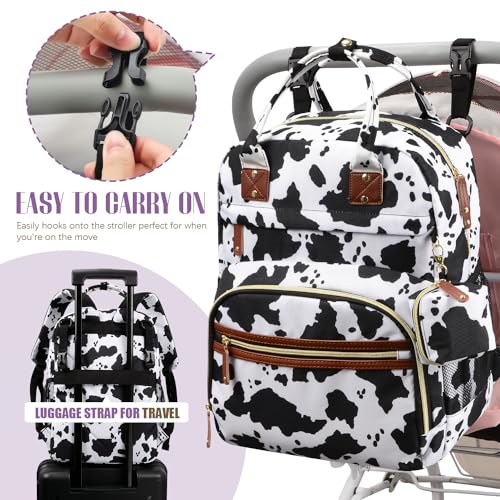 Image of Tuwubi Diaper Bag Backpack, Baby Essentials Travel Tote Bag, Multi function Waterproof Backpacks, Travel Essentials with Stroller Straps & Pacifier Case - Cow Print
