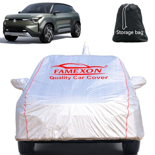 Image of FAMEXON Full Body Car Cover for Maruti Suzuki EVX with Mirror and Antena Pocket Triple Stiched(Silver with Red Piping)