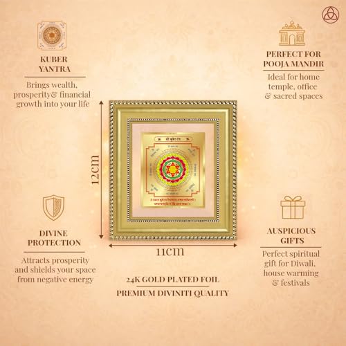 Image of DIVINITI Siddh Energised Kuber Yantra | 24k Gold Plated Foil Wealth Attraction Vastu Frame for Home, Office & Puja Room | Spiritual Yantra for Wealth, Prosperity & Financial Growth (12 X 11 CM)