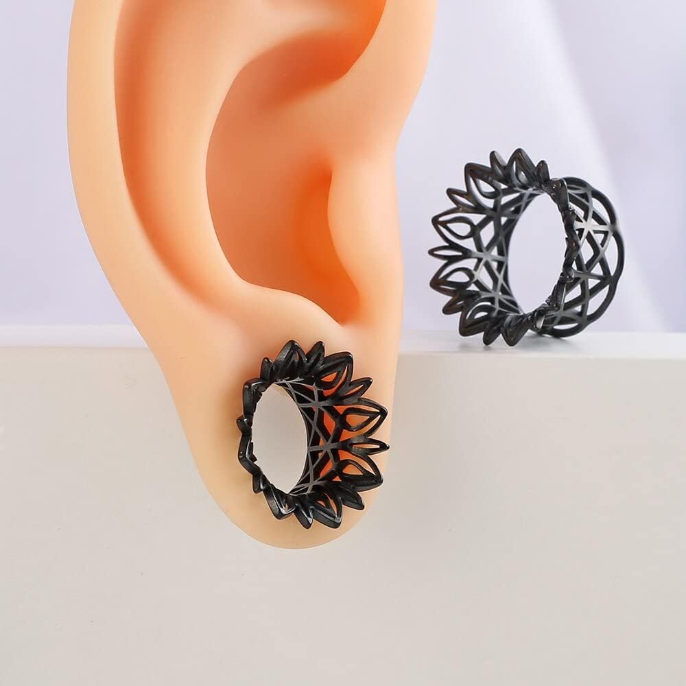 Casvort 2 PCS Hypoallergenic 316 Stainless Steel 0G-1" Hollow Floral Double Flared Ear Tunnels Breathing Saddle Gauges Ear Plugs Expander Stretcher Body Piercing Jewelry