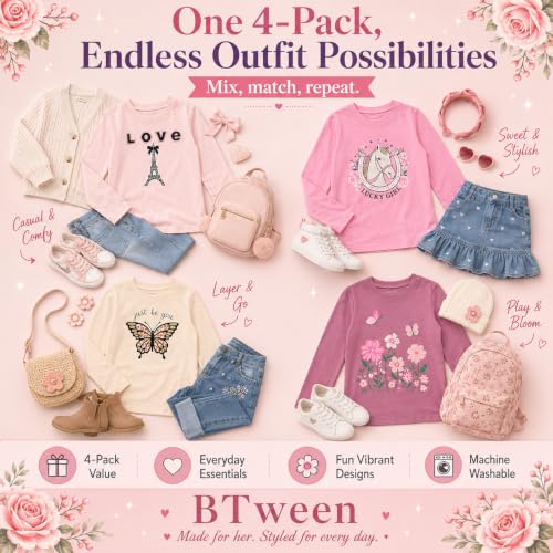 Image of BTween Girls 4 Pack Long Sleeve Graphic T-Shirts Cotton Blend, Fun Vibrant Designs