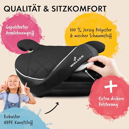 WALSER Premium Kinder Sitzerhöhung Auto, Qualitätssieger Sehr Gut* Kindersitz Auto 125-150 cm, Kindersitzerhöhung Auto Andy neueste Norm 2024 ECE R 129, Sitzerhöhung Auto Kindersitz schmal schwarz