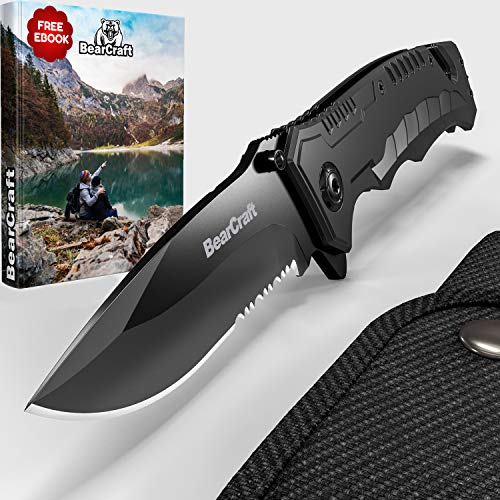 BearCraft Black Folding Knife | Sharp, Outdoor, Survival, Pocket Knife with Serrated Edge | Small, One-Hand Knife with Stainless Steel Blade and Aluminium Housing | Can be used for Work, Hiking, Camping - Image 3