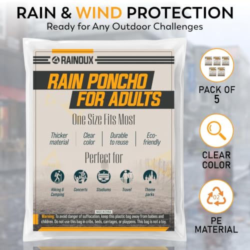 Image of Disposable Rain Ponchos for Adults, 5 Pack /10 Pack, Clear Waterproof Ponchos with Hood for Travel & Hiking