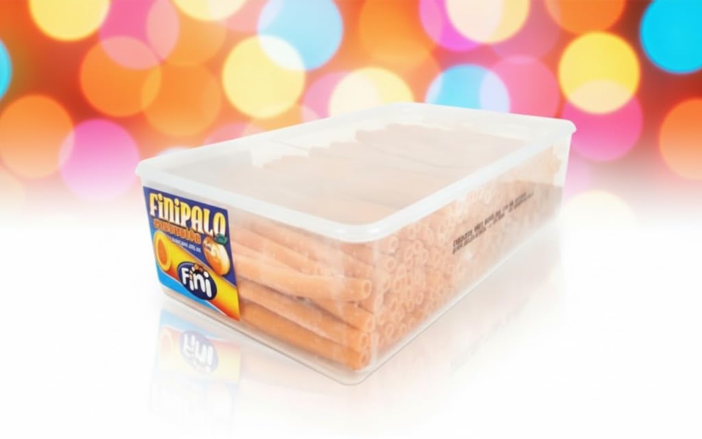 Finipalo, deliciosos palitos de sabores rellenos de regaliz de Fini.. Estuche 200 unidades. Chuches,caramelos, piñata, cumpleaños, gominolas, regaliz de sabores. (Melocotón)