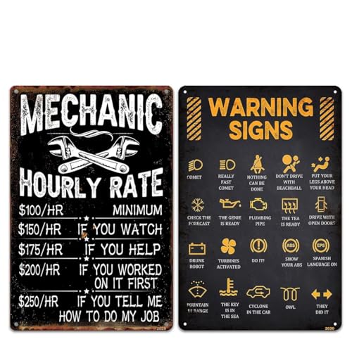 2 Pack 8"x12" Vintage Funny Workshop Signs Vinyl Laminated Decals "Mechanic Hourly Rates" & "Warning Sign" Unique Gift Handymen Mechanics Shop ManCave Dad's Shop Garage Basement Humor