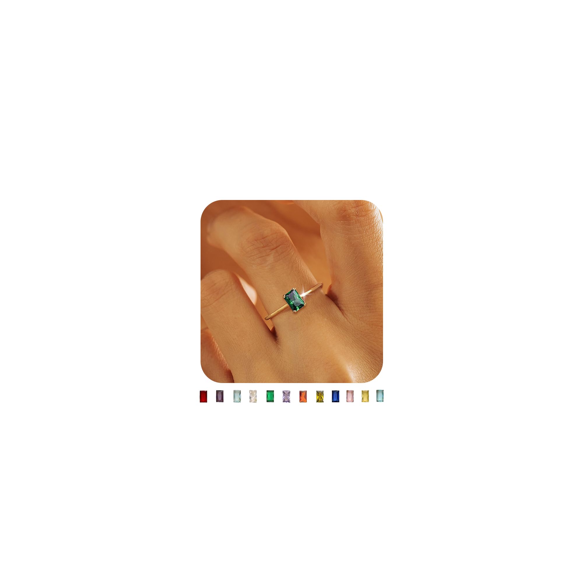 KAERUN Gold Birthstone Rings for Women Non Tarnish Dainty 14K Gold Plated Stackable Rings CZ Emerald Baguette Gemstone Rings for Mother Daughter Birthday Handmade Jewelry Gifts Size 6 7 8 9 10