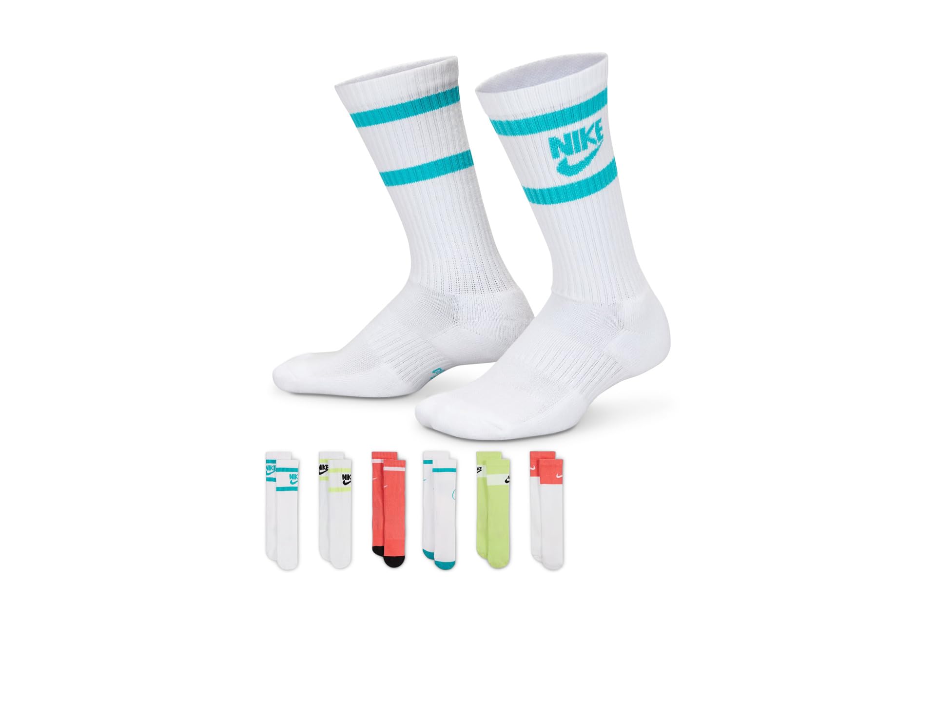 Nike Unisex Kids Everyday Cushioned Crew Socks (6 Pairs), Teal/Lime/Coral, Medium