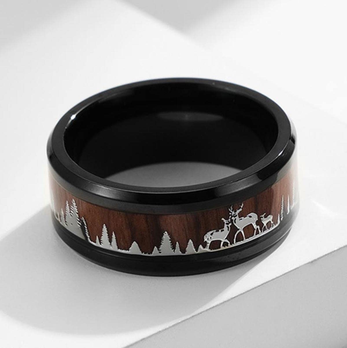 Mode 8mm Männer Schwarz Wolfram Wild Leben Jagd Ring Koa Holz Inlay Hirsch Familie Silhouette Stahl Ring Männer Ehering
