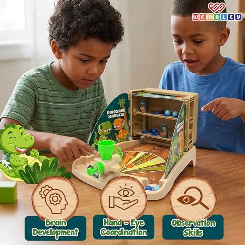 Image of Wembley Dinosaur Shooting Arcade Board Game for Kids | Dino Theme Pinball Marble Shooter Table Top Toy | Single Player Indoor Skill Activity Game | Birthday Gift Boys Girls Age 5 6 7 8 9 10 11 Years