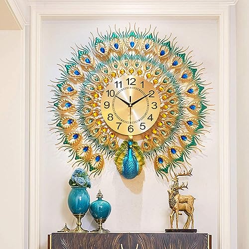Image of Peacock European Style Luxury Living Room Analog Clock 3D Diamonds Non-Ticking Silent Creative Personality Metal Large Crystal Quartz Art Wall Decorative (Multi) (Peacock Clock)