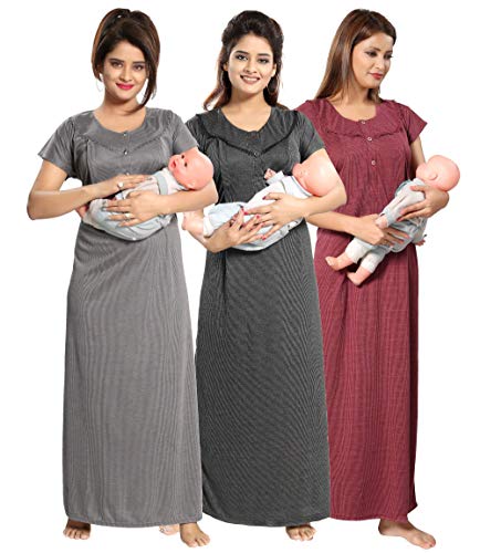 Image of Fabme Women's Polycotton Nursing Nightgown - Concealed Zip, Long, Textured Nighty for Maternity, Feeding