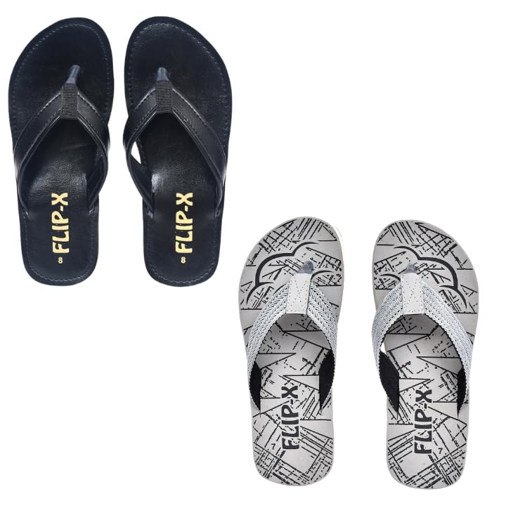 Image of Flip X Men's Slippers Combo Pack (Black Faux Leather & Grey Natural Rubber) | Comfortable Wear Flip-Flops with TPR Sole | Casual, Indoor & Outdoor Use