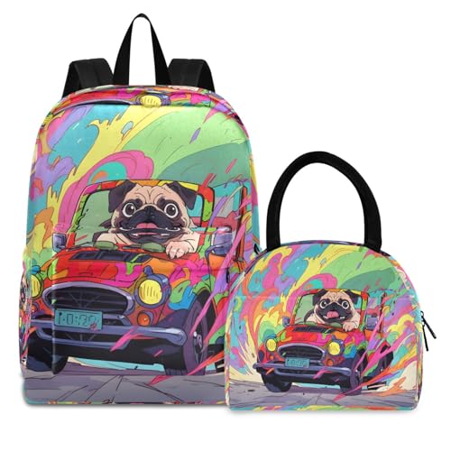 Pug Driving Print Backpack Set with Lunch Bag, Large Capacity Travel Backpacks and Lunch Box Insulated for Commute Hiking Picnic