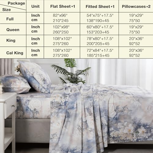 Image of Vintage Floral Percale Sheets King Size Deep Pocket, White & Blue | 100% Cotton Soft Crisp Toile Sheet Set, Shabby Chic Flower Bed Sheets, Cottage Core Bedding, Botanical Print, Farmhouse, 4Pcs