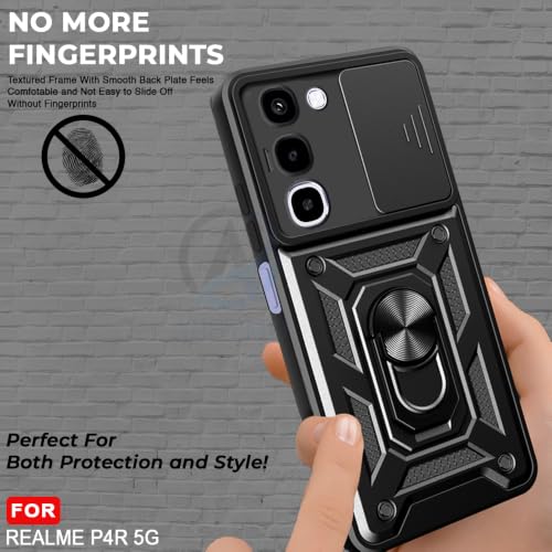 Image of AESTMO Tough Armor Realme P4R 5G Bumper Back Case Cover | Ring Holder & Sliding Camera Shield Cover | 360 Degree Protection Back Case Cover for Realme P4R 5G (Black)