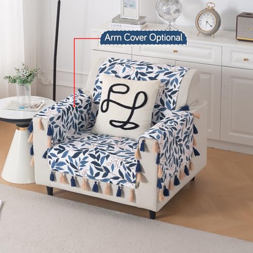 Image of HOKIPO Printed Holland Velvet Sofa Cover with Tassels for 1 Seater Sofa | Full Protection for Sofa Seat and Back | 'Whispers of Nature' (160x60 cm), Indigo Foliage (IN-1125-D10)