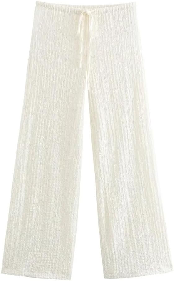 Women's Two-Piece Suit V-Neck Single-Breasted Solid Color Textured Casual Vest High Waist Drawstring Wide-Leg Pants Suit