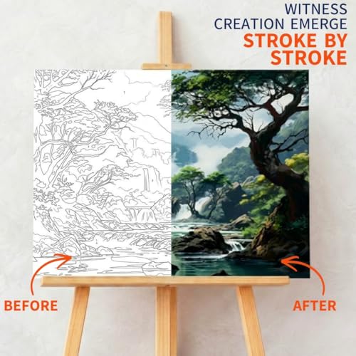 Image of Art Therapy Pcn29 Linen Canvas DIY Paint by Numbers Kit 15 x 20 Inch for Adults and Kids with 2 Set of Acrylic Oil Painting Colors with Brushes for Stress Relief & Home Decoration (Hidden Falls)
