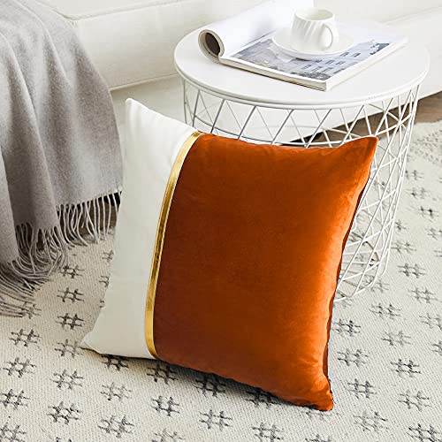 Fancy Homi 2 Packs Fall Decorative Throw Pillow Covers 18X18 Inch For Living Room Couch Bed, Brunt Orange And White Velvet Patchwork With Gold Leather, Luxury Home Decor Square Cushion Case 45X45 Cm #TOP13