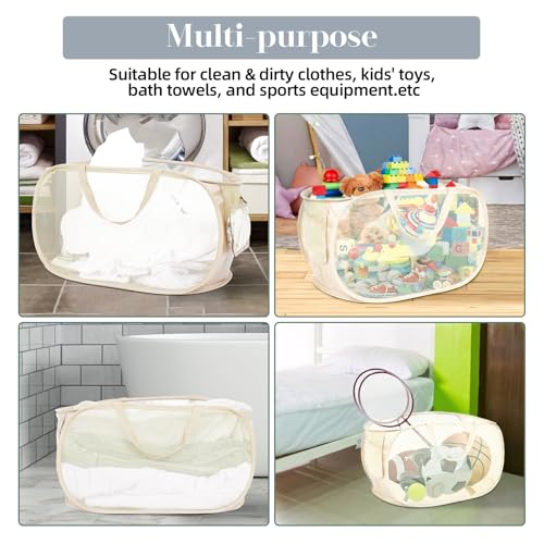 Image of 4 Pcs Durable Collapsible Laundry Baskets, Foldable Large Opening Pop Up Laundry Hamper with Pocket, Clothes Hamper with Handles for Laundry, Bathroom, Kids Room, Dorm or Travel Beige