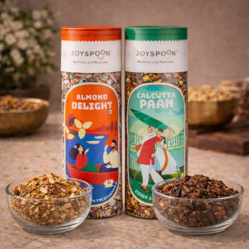 Image of JoySpoon Mukhwas Combo | Almond Delight & Calcutta Paan | Supari Free Traditional Indian Mouth Freshener | After-Meal Digestive Snack | No Artificial Colours or Preservatives | Pack of 2 x 100g