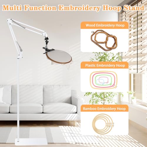 Image of Adjustable Embroidery Hoops Stand for Hand Work,Cross Stitch Frame with 360 Rotation, Embroidery Desktop Stand Suitable for Embroidery Kit,3-in-1 Hoop /Tablet /Phone Holder Floor&Desktop Stand（White）