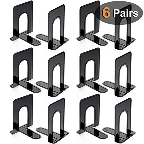 MaxGear Bookends Universal Economy Metal Book Ends for Shelves, Non-skid Bookend, Heavy Duty Metal Book End, Book Stopper for Books/Movies/CDs/Video Games, 6.5 x 5 x 5.75 in, Black (6 Pairs/12 Pieces)