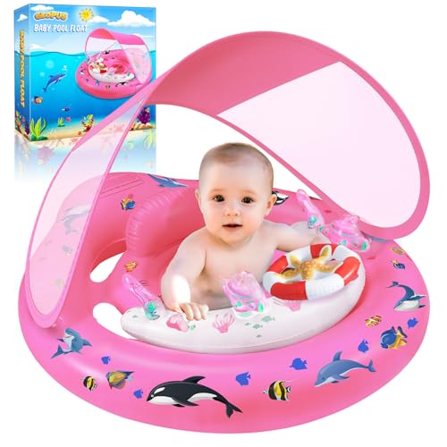 Baby Pool Float with Canopy UPF50+ Sun Protection, Inflatable Kids Pool Floats with Toy Play Console for Baby 6-36 Months, Infant Swimming Float with Adjustable Safety Seat for Boys Girls